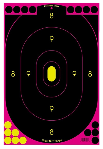 Picture of  Birchwood Casey 34633 Shoot-N-C Reactive Target Self-Adhesive Paper Black/Pink 12"X18" Oval Silhouette 100 Pack 029057346336