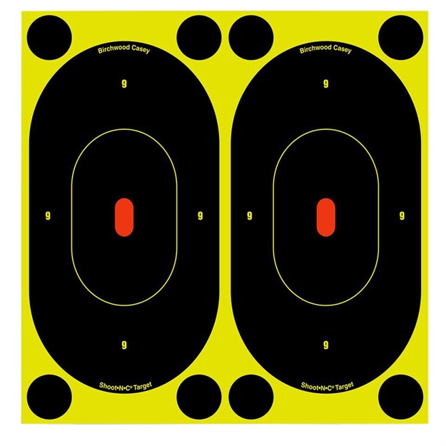 Picture of  Birchwood Casey 34750 Shoot-N-C Reactive Target Self-Adhesive Paper Black/Yellow 7" Oval Silhouette 60 Pack 029057347500