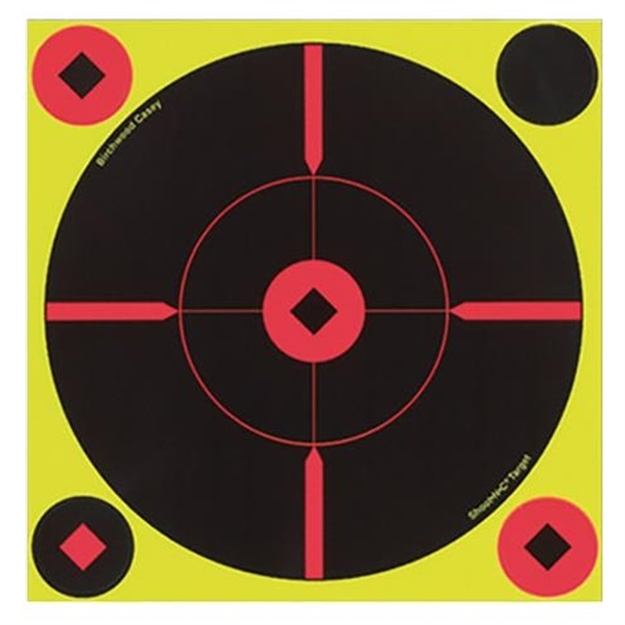 Picture of  Birchwood Casey 34850 Shoot-N-C Reactive Target Self-Adhesive Paper Black/Yellow/Red 8" Bullseye Bmw 50 Pack 029057348507