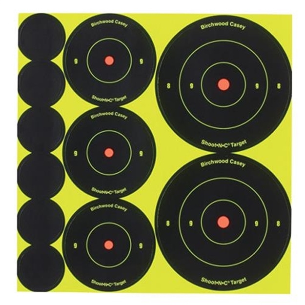 Picture of  Birchwood Casey 34608 Shoot-N-C Reactive Target Variety Pack Self-Adhesive Paper Black/Yellow Bullseye 132 Pack 029057346084