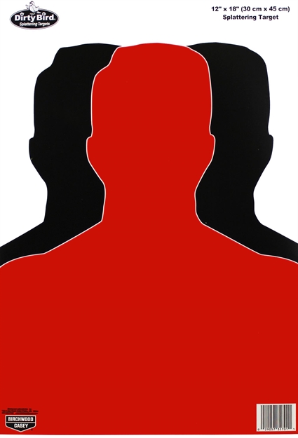 Picture of  Birchwood Casey 35701 Dirty Bird  Silhouette Tagboard Hanging Pistol 12" X 18" Black/Red White Impact Splatter 100 Per Pkg 029057357011