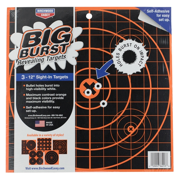 Picture of Birchwood Casey 36123 Big Burst Revealing Target Self-Adhesive Paper Black/Orange 12" Bullseye 3 Pack 36213 029057362138