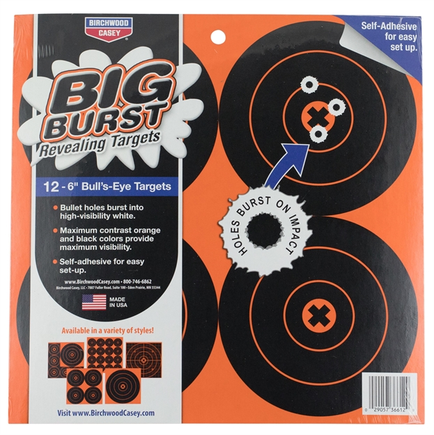 Picture of  Birchwood Casey 36612 Big Burst Revealing Target Self-Adhesive Paper Black/Orange 6" Bullseye 12 Pack