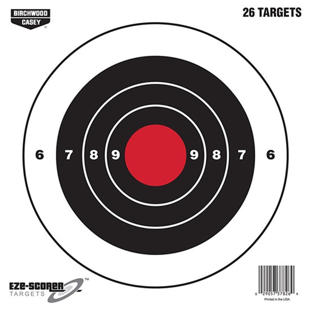 Picture of  Birchwood Casey 37826 Eze-Scorer  8" Bullseye Paper Hanging Black/Red 26 Per Pkg