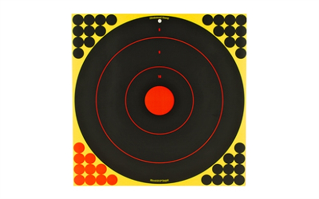 Picture of  Birchwood Casey 34185 Shoot-N-C Reactive Target Self-Adhesive Paper Black/Yellow/Red 17.25" Bullseye 5 Pack 029057341850