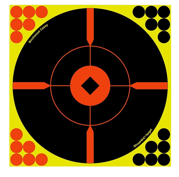 Picture of  Birchwood Casey 34016 Shoot-N-C Reactive Target Self-Adhesive Paper Black/Yellow/Red 12" Bullseye 100 Pack 029057340167