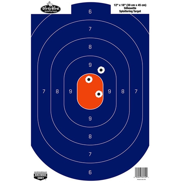 Picture of  Birchwood Casey 35720 Dirty Bird  Silhouette Tagboard Hanging Pistol 12" X 18" Blue/Orange White Impact Splatter 50 Per Pkg