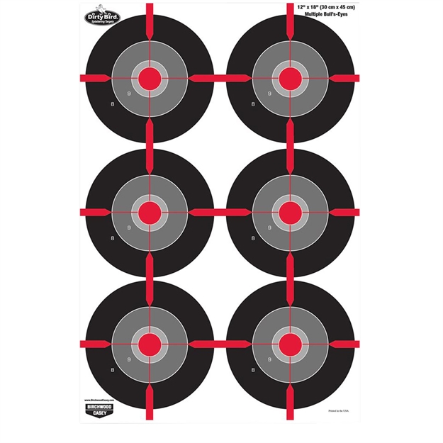 Picture of  Birchwood Casey 35705 Dirty Bird  Multiple Bullseye Tagboard Hanging Pistol 12" X 18" Black/Red/Gray White Impact Splatter 8 Per Pkg