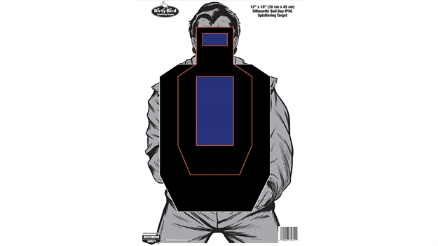 Picture of  Birchwood Casey 35721 Dirty Bird Bad Guy Ipsc Silhouette Tagboard Hanging Pistol 12" X 18" Black/Blue/White 100 Per Pkg