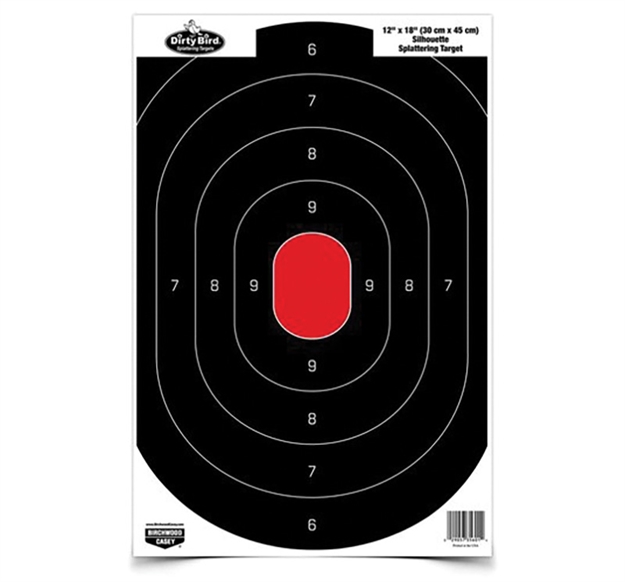 Picture of  Birchwood Casey 35601 Dirty Bird  Silhouette Tagboard Hanging Pistol 12" X 18" Black/Red White Impact Splatter 100 Per Pkg 029057356014