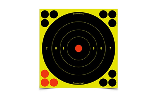 Picture of  Birchwood Casey 34805 Shoot-N-C Reactive Target Self-Adhesive Paper Black/Yellow/Red 8" Bullseye 6 Pack