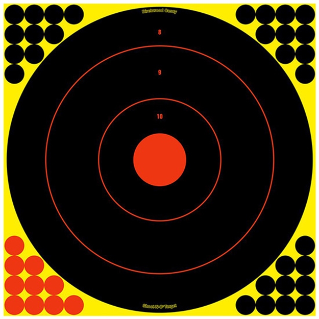 Picture of  Birchwood Casey 34186 Shoot-N-C Reactive Target Self-Adhesive Paper Black/Yellow/Red 12" Bullseye 12 Pack