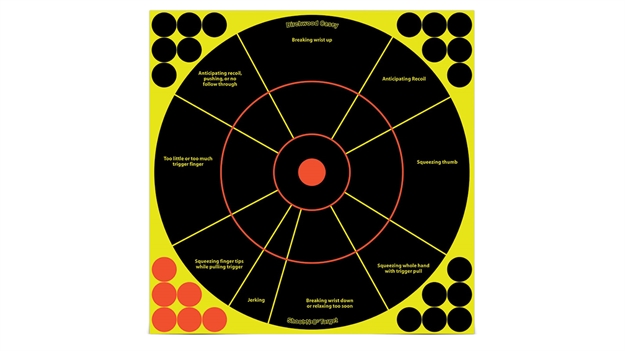 Picture of  Birchwood Casey 34075 Shoot-N-C Reactive Target Self-Adhesive Paper Black/Yellow/Red 12" Bullseye 50 Pack *Worn, Damaged Pkg/Bagged