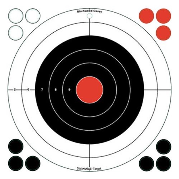 Picture of  Birchwood Casey 33912 Stick-A-Bull  Self-Adhesive Paper Black/Red/White 12" Bullseye 5 Pack 029057339123