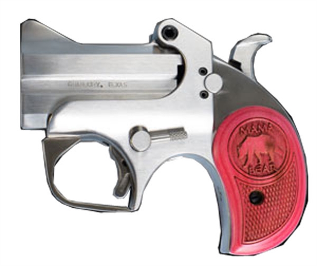 Picture of  Bond Arms Bamb Mama Bear  357 Mag/38 Special 2Rd 2.50" Stainless Steel Double Barrel & Frame, Auto Extractors & Rebounding Hammer, Blade Front/Fixed Rear Sights, Pink Wood Grip, Manual Safety