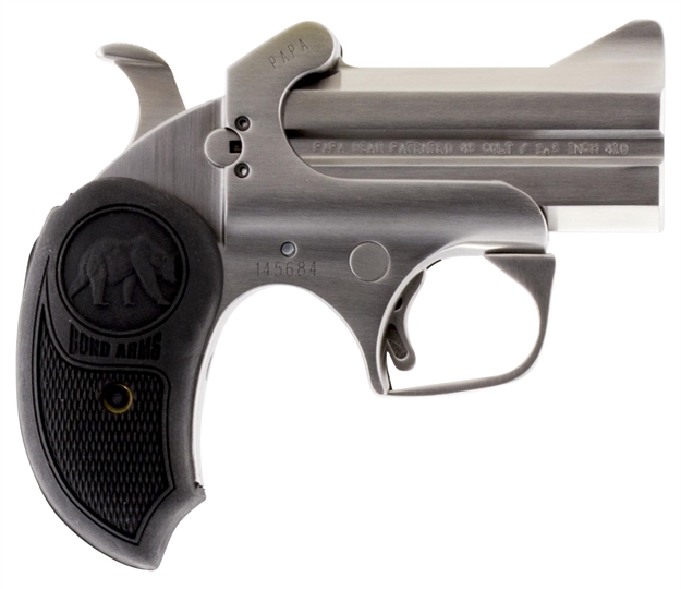 Picture of Bond Arms Bapb Papa Bear  45 Colt (Lc)/410 Gauge 2Rd 3" Stainless Steel Double Barrel & Frame, Auto Extractors & Rebounding Hammer, Blade Front/Fixed Rear Sights, Extended Rubber Grip, Manual Safety BAPB-45/410