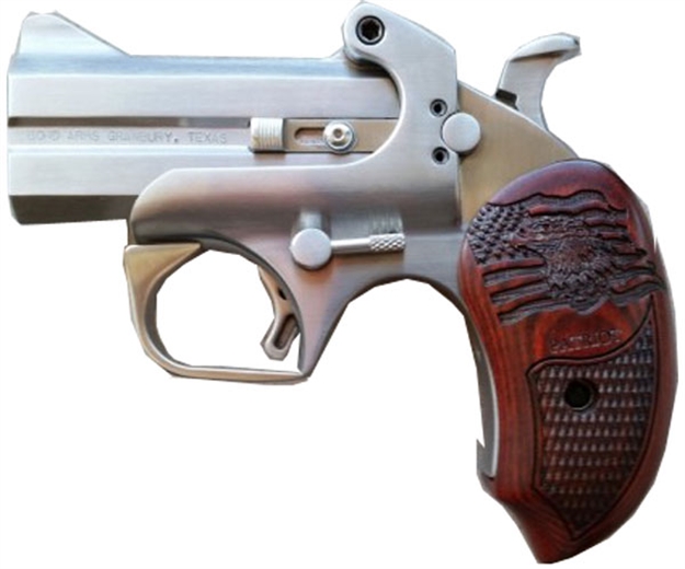 Picture of  Bond Arms Bapa Patriot  45 Colt (Lc)/410 Gauge 2Rd 3" Stainless Steel Double Barrel & Frame W/Trigger Guard, Auto Extractors & Rebounding Hammer, Laser Engraved American Flag & Bald Eagle Rosewood Gri