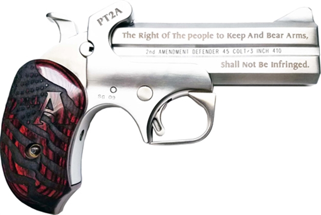 Picture of Bond Arms Pt2a Protect The 2Nd Amendment  Derringer Single 45 Colt (Lc)/410 Gauge 2Rd 4.25" Engraved Barrel, Stainless Steel Finish, Blade Front/Fixed Rear Sights, Extended Engraved Rosewood Grip, Man PT2A45/410 855959001291