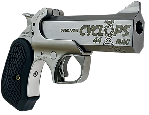 Picture of Bond Arms Bacyp Cyclops Big Bore 44 Mag 1Rd 4.25"  Stainless Steel W/Engraved Barrel, Matte Stainless Frame, Black Extended B6 Resin Grip BACYP-44MAG