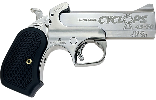 Picture of Bond Arms Bacyp Cyclops Big Bore 45-70 Gov 1Rd, 4.25" Stainless Steel W/Engraved Barrel, Matte Stainless Steel Frame, Black Extended B6 Resin Grip, Includes Holster BACYP-45-70 855959009747