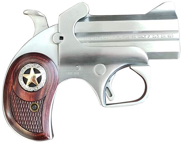 Picture of  Bond Arms Bard Rustic Defender  45 Colt (Lc) Caliber OR 2.50" 410 Gauge 2Rd 3" Barrel, Stainless Steel Finish, Rosewood Grip W/Integrated Star, Includes Exclusive Holster Package
