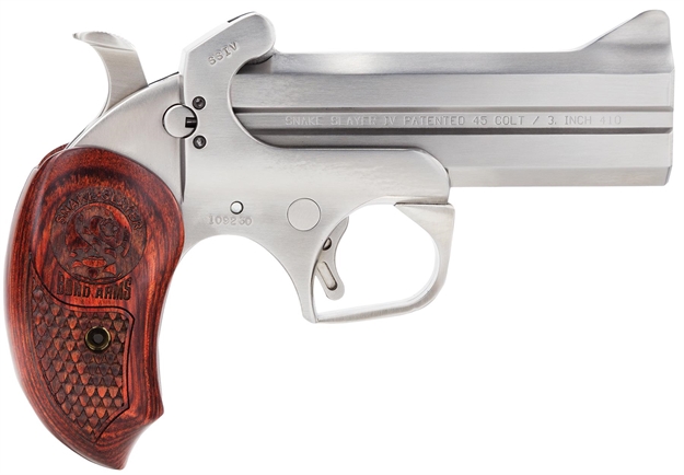 Picture of  Bond Arms Bass4 Snakeslayer IV 45 Colt (Lc) 2Rd 4.25" Barrel,  Stainless Metal Finish, Blade Front/Fixed Rear Sights, Automatic Extractors & Rebounding Hammer, Extended Rosewood Grip, Manual Safety 855959001567