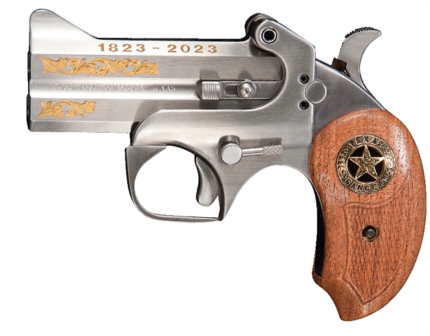 Picture of Bond Arms Batr Texas Ranger 200Th Anniversary 45 Colt (Lc)/410 Gauge 3.50" 2 Round Stainless With Custom Gold Leafing, Mesquite Grip