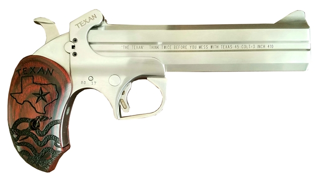 Picture of Bond Arms Batx Texan  Derringer Single 45 Colt (Lc)/410 Gauge 2Rd, 6" Stainless Steel Double Barrel & Frame, Blade Front/Fixed Rear Sights, Custom Engraved Rosewood Grip, Manual Safety BATX45/410