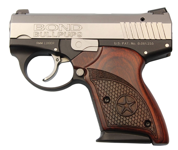 Picture of  Bond Arms Babp Bullpup9  Micro-Compact Frame 9Mm Luger 7+1, 3.35" Stainless Steel Barrel, Stainless Serrated Steel Slide, Black Aluminum Frame, Engraved Rosewood Grips 855959000010