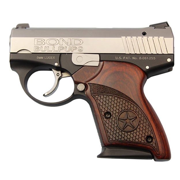 Picture of  Bond Arms Babp Bullpup9  Micro-Compact Frame 9Mm Luger 7+1, 3.35" Stainless Steel Barrel, Stainless Serrated Steel Slide, Black Aluminum Frame, Engraved Rosewood Grips