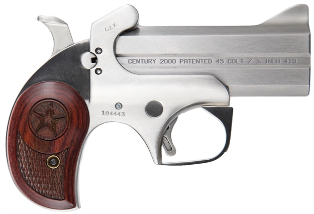 Picture of  Bond Arms Bac2k Century 2000 45 Colt (Lc)/410 Gauge 2Rd 3.50"  Stainless Steel Double Barrel & Frame, Auto Extractor & Rebounding Hammer, Blade Front/Fixed Rear Sights, Rosewood Grip, Manual Safety 855959001147