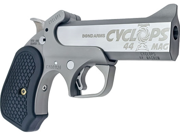 Picture of Bond Arms Bacyp Cyclops Big Bore 44 Mag 1Rd 4.25"  Stainless Steel W/Engraved Barrel, Matte Stainless Frame, Black Extended B6 Resin Grip BACYP-44MAG 855959003523