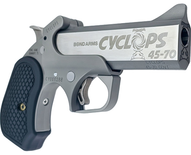 Picture of Bond Arms Bacyp Cyclops Big Bore 45-70 Gov 1Rd, 4.25" Stainless Steel W/Engraved Barrel, Matte Stainless Steel Frame, Black Extended B6 Resin Grip, Includes Holster BACYP-45-70