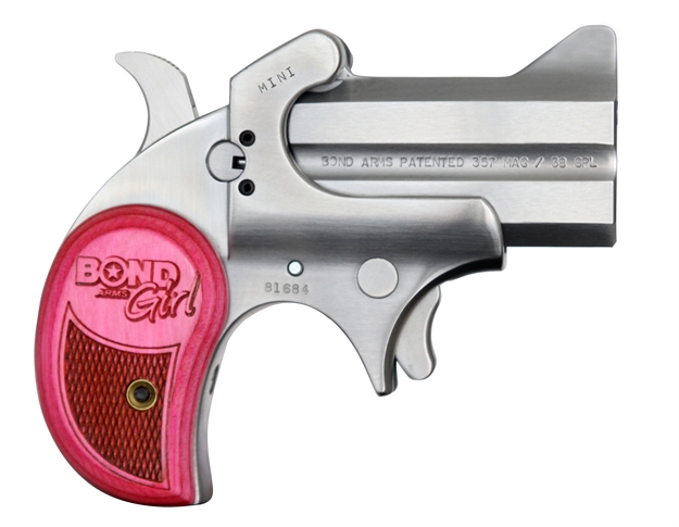Picture of Bond Arms Bam Mini Girl 357 Mag/38 SP 2Rd 2.50" Stainless Steel Double Barrel & Frame, Auto Extractor & Rebounding Hammer, Blade Front/Fixed Rear Sights, Pink Laminate Grip, Manual Safety BAM35738