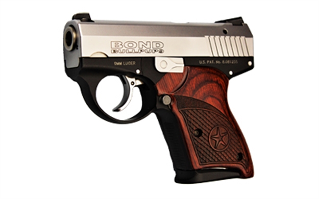 Picture of  Bond Arms Babp Bullpup9  Micro-Compact Frame 9Mm Luger 7+1, 3.35" Stainless Steel Barrel, Stainless Serrated Steel Slide, Black Aluminum Frame, Engraved Rosewood Grips