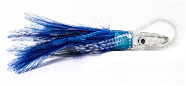 Picture of Boone Bait Co. Tuna Treat Rigged Trolling Feather, 6", 1 1/2 Oz, 6/0 Hook, Blue/White