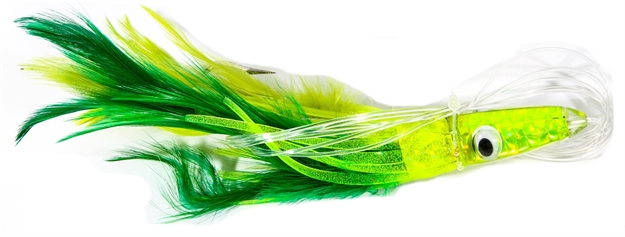 Picture of Boone Bait Co. Tuna Treat Rigged Trolling Feather, 6", 1 1/2 Oz, 6/0 Hook, Green/Yellow