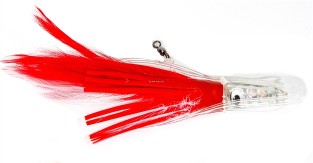 Picture of Boone Bait Co. Tuna Treat Rigged Trolling Feather, 6", 1 1/2 Oz, 6/0 Hook, Red/White