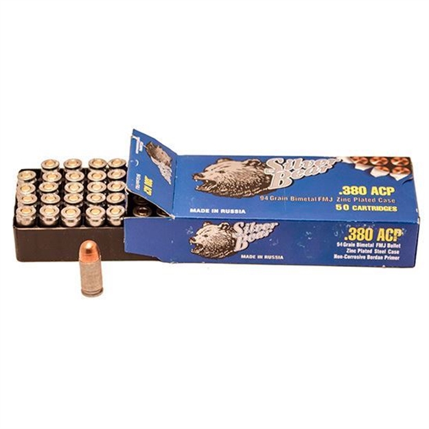 Picture of Box OF 50Rds OF .380 Acp Full Metal Jacket Ammunition. BY Silver Bear, Made IN Russia.