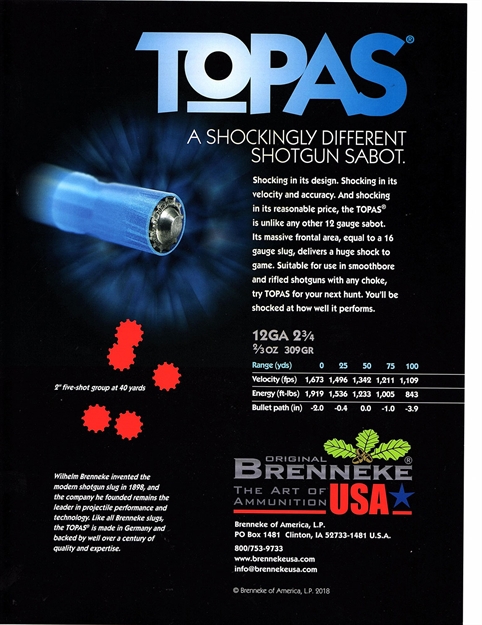 Picture of  Brenneke Sl122top Topas  12Gauge 2.75" 2/3Oz Sabot Slug Shot 5 Per Box/50 Case 4030128121932