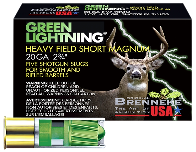 Picture of Brenneke Sl202hfsgl Green Lightning Heavy Field Short Magnum 20Gauge 2.75" 1Oz Slug Shot 5 Per Box/50 Case SL-202HFSGL 030128200170