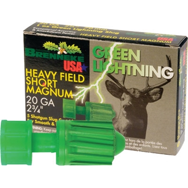 Picture of Brenneke Sl202hfsgl Green Lightning Heavy Field Short Magnum 20Gauge 2.75" 1Oz Slug Shot 5 Per Box/50 Case SL-202HFSGL