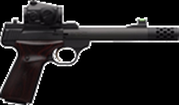 Picture of  Browning 051580490 Buck Mark Hunter 22 LR 10+1 5.90" Bull/Threaded/Muzzle Brake Barrel, Matte Black Serrated Steel Slide & Aluminum Frame Laminate Cocobolo Grips, Vortex Crossfire Red Dot