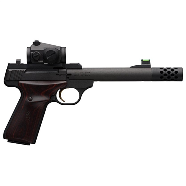 Picture of  Browning 051580490 Buck Mark Hunter 22 LR 10+1 5.90" Bull/Threaded/Muzzle Brake Barrel, Matte Black Serrated Steel Slide & Aluminum Frame Laminate Cocobolo Grips, Vortex Crossfire Red Dot 023614853930