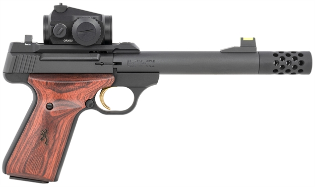 Picture of  Browning 051580490 Buck Mark Hunter 22 LR 10+1 5.90" Bull/Threaded/Muzzle Brake Barrel, Matte Black Serrated Steel Slide & Aluminum Frame Laminate Cocobolo Grips, Vortex Crossfire Red Dot