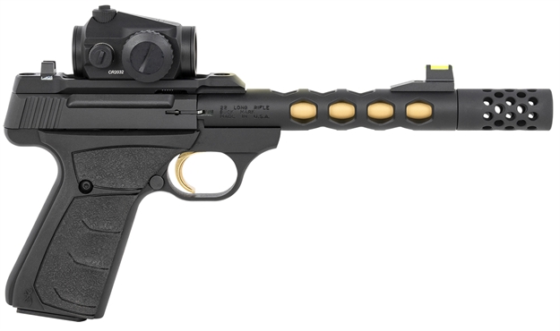 Picture of  Browning 051582490 Buck Mark Vision SR 22 LR 10+1 5.90" Black Anodized/Gold Cerakote Ported Threaded Barrel, Matte Black Serrated Slide & Aluminum Frame,  Vortex Crossfire Red Dot 023614853954