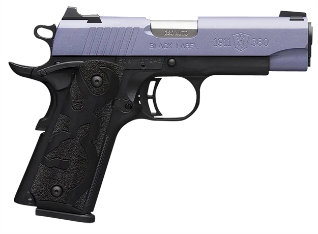 Picture of  Browning 051986492 1911 Black Label Compact Frame 380 Acp 8+1 3.63" Matte Stainless Steel Barrel, Crushed Orchid Cerakote Serrated Stainless Steel Slide, Matte Black Polymer Frame, Black Polymer Grip 023614857655