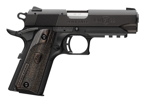 Picture of  Browning 051817490 1911 Black Label Compact Frame 22 LR 10+1, 3.63" Stainless Steel Barrel, Matte Black Serrated Slide & Polymer Frame W/Beavertail & Picatinny Rail, Black Laminate Stippled Grip