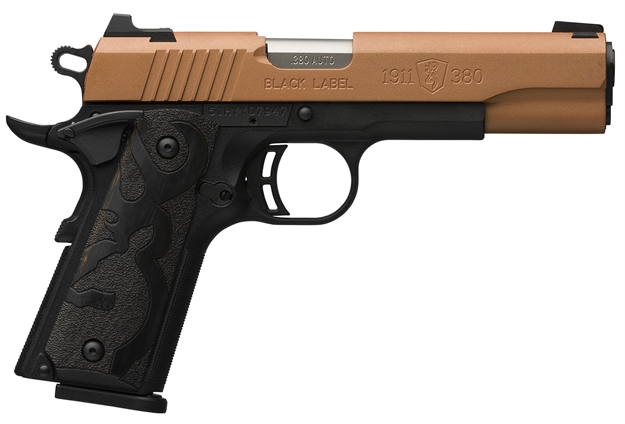 Picture of  Browning 051987492 1911 Black Label Full Size Frame 380 Acp 8+1 4.25" Matte Stainless Steel Barrel, Copper Cerakote Serrated Stainless Steel Slide, Matte Black Polymer Frame, Black Polymer Grip