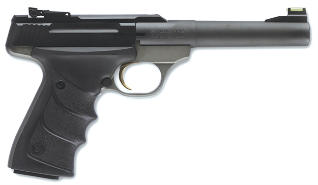 Picture of  Browning 051448490 Buck Mark Practical *Ca Compliant 22 LR 10+1 5.50" Taper Bull Barrel, Matte Black Serrated Steel Slide, Matte Gray Aluminum Frame & Black Ultragrip RX Grips 023614259541